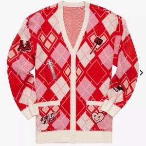 DC Comics Harley Quinn Diamond Cardigan with Patches Red/White/Pink - Small-NWT